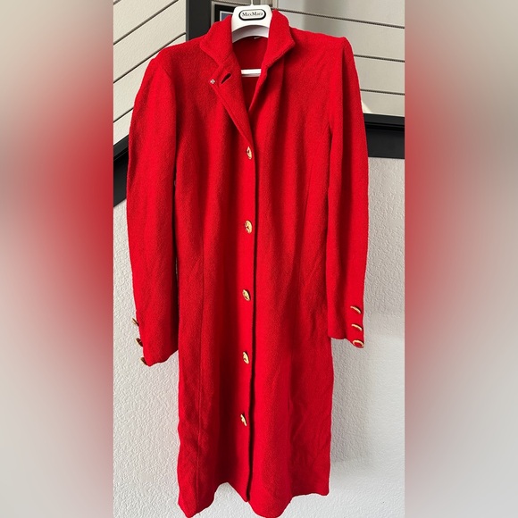 St. John Jackets & Blazers - St. John Collection Red Knit Long Coat Gold Buttons Size 12